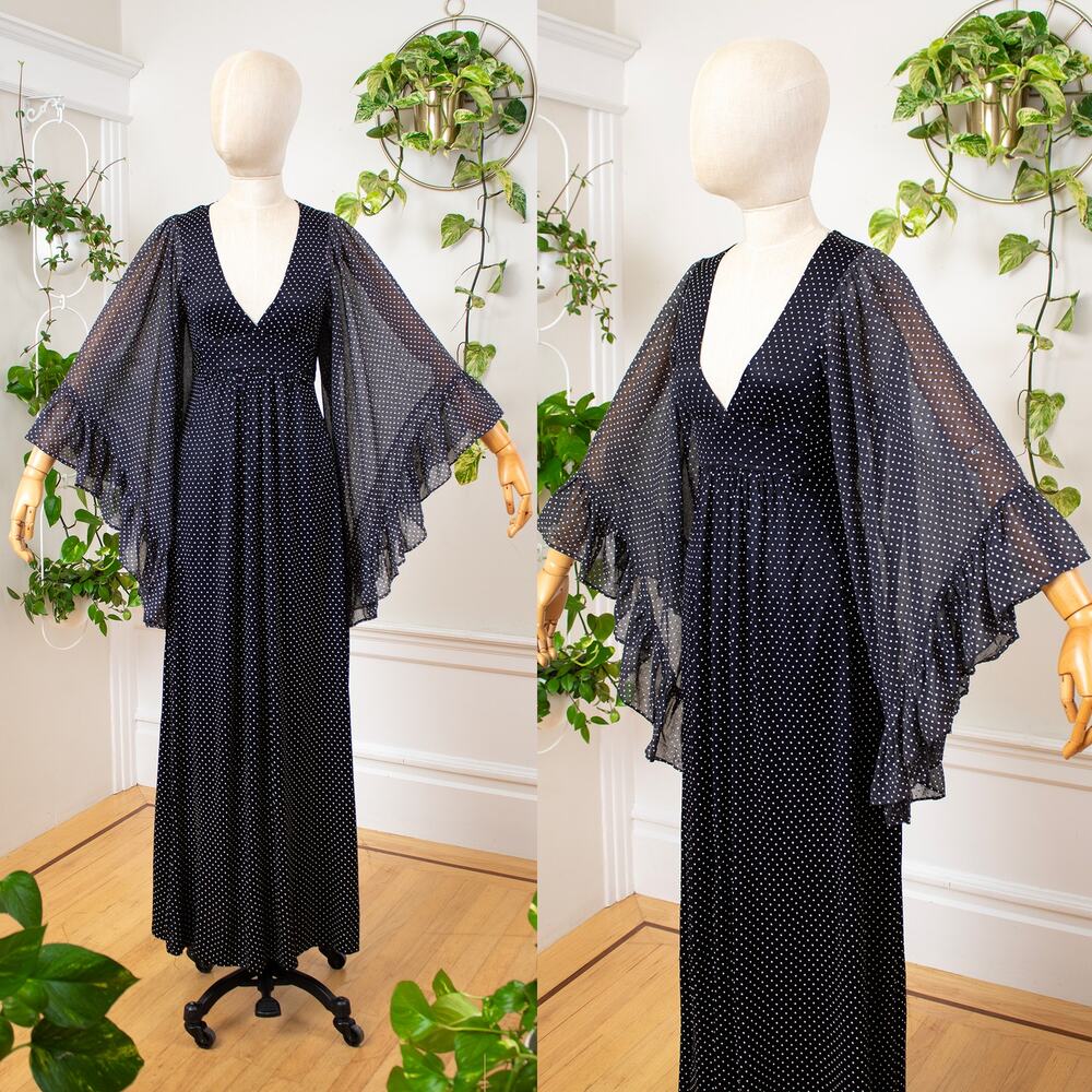Vintage 1970s Maxi Dress 70s Black Polka Dot Angel Sleeve Maxi Boho Goth Gown